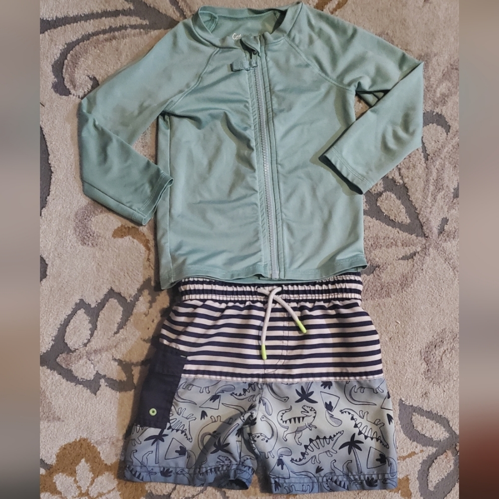 Cat and Jack 3t boys dinosaur swim trunks and matching rashguard
